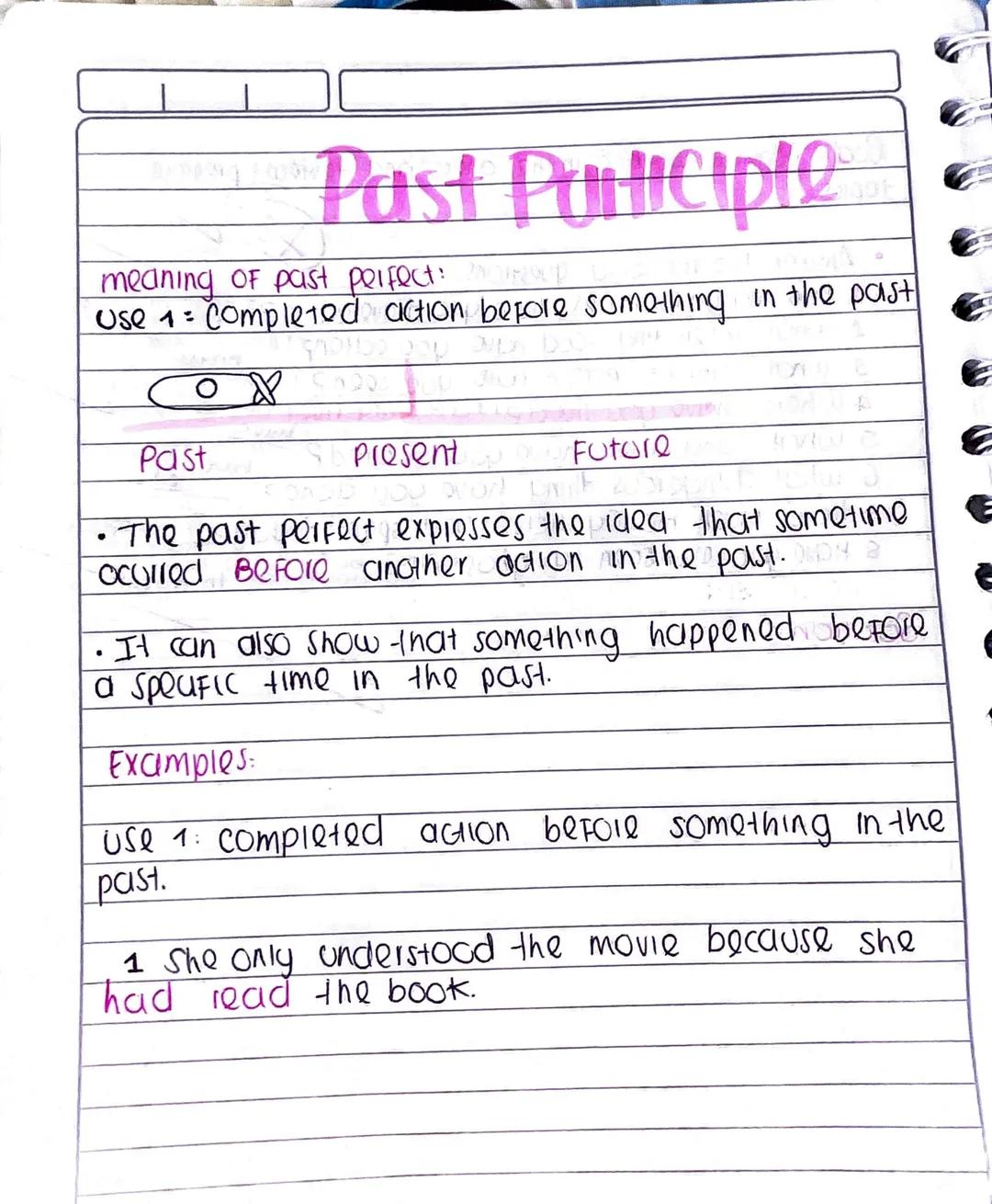 Past Participle
meaning of past perfect:
Use 1 = Completed action before something in the past
Past
Present
Future
• The past perfect expres