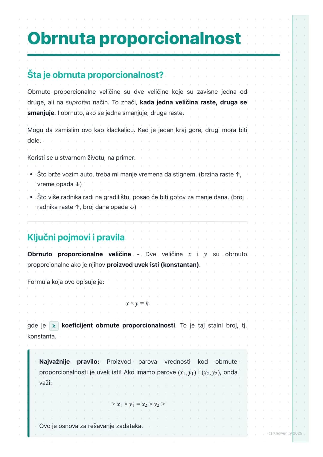 # Obrnuta proporcionalnost
Šta je obrnuta proporcionalnost?
Obrnuto proporcionalne veličine su dve veličine koje su zavisne jedna od
druge