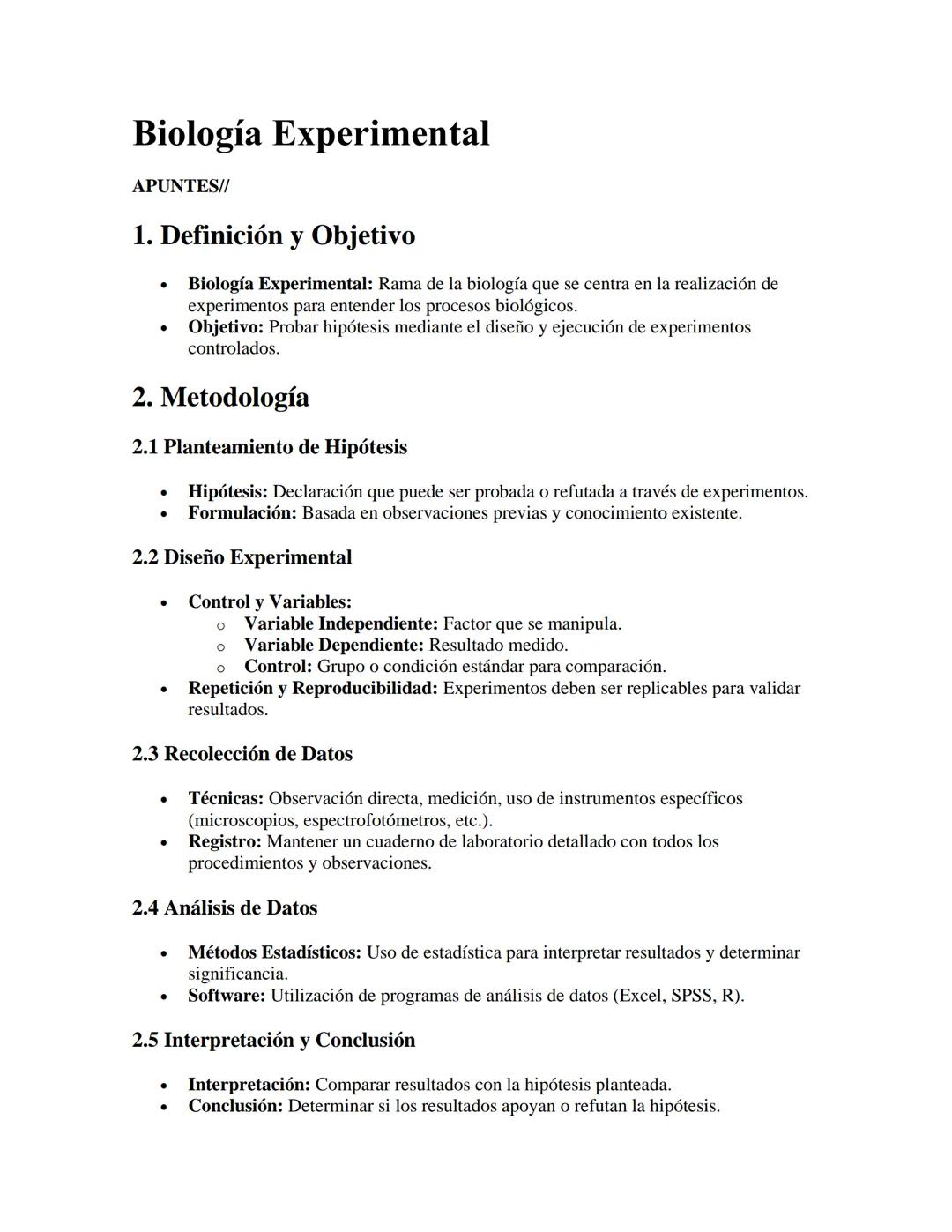 # Biología Experimental
APUNTES//
# 1. Definición y Objetivo
* Biología Experimental: Rama de la biología que se centra en la realizaci
