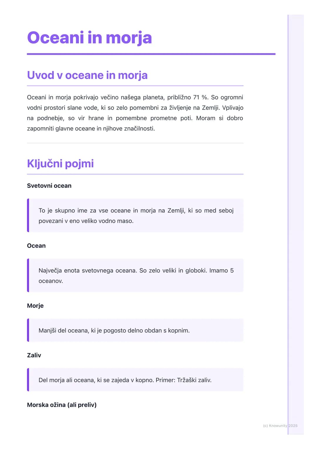 # Oceani in morja
Uvod v oceane in morja
Oceani in morja pokrivajo večino našega planeta, približno 71%. So ogromni
vodni prostori slane v