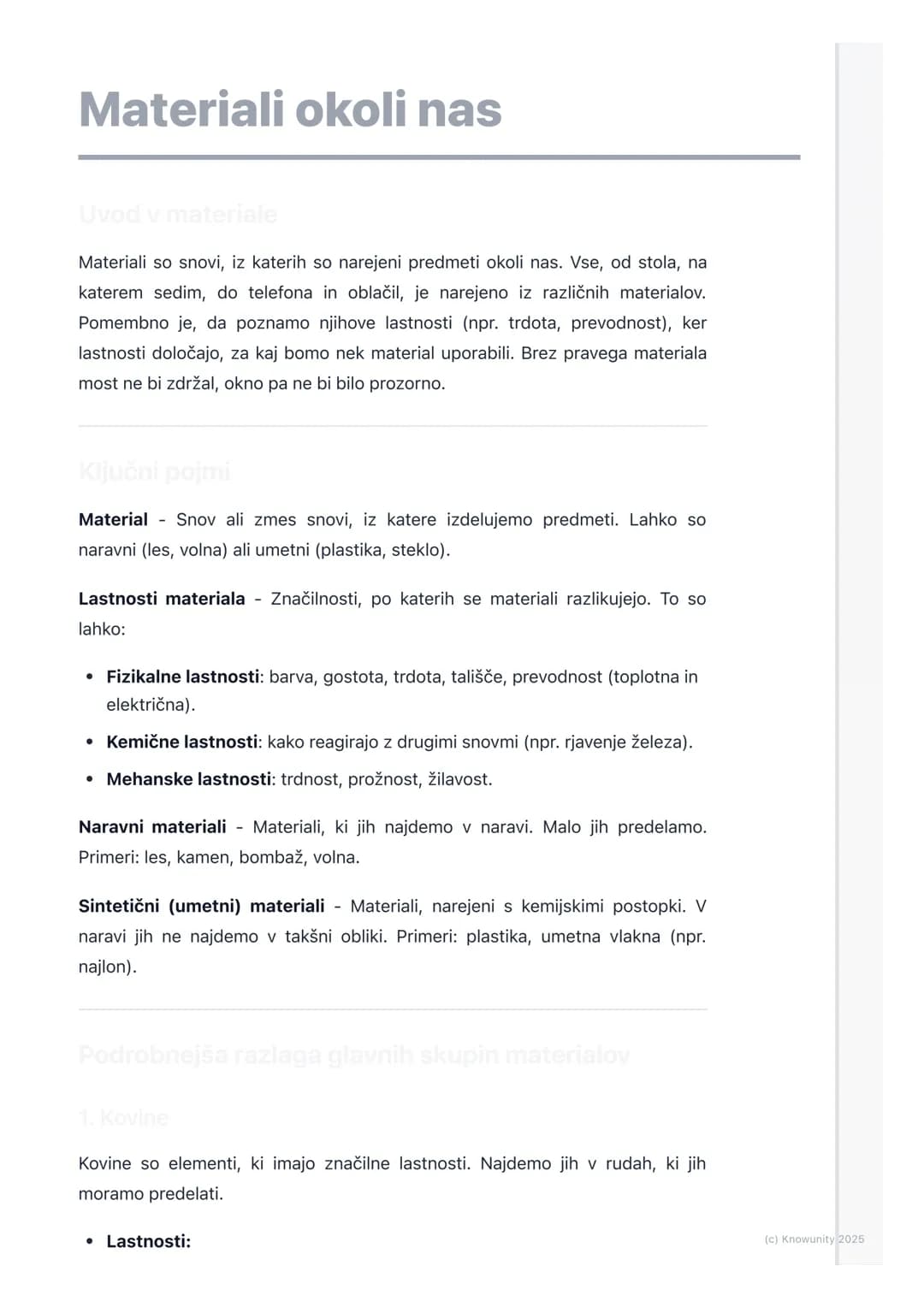 # Materiali okoli nas
Uvod v materiale
Materiali so snovi, iz katerih so narejeni predmeti okoli nas. Vse, od stola, na
katerem sedim, do