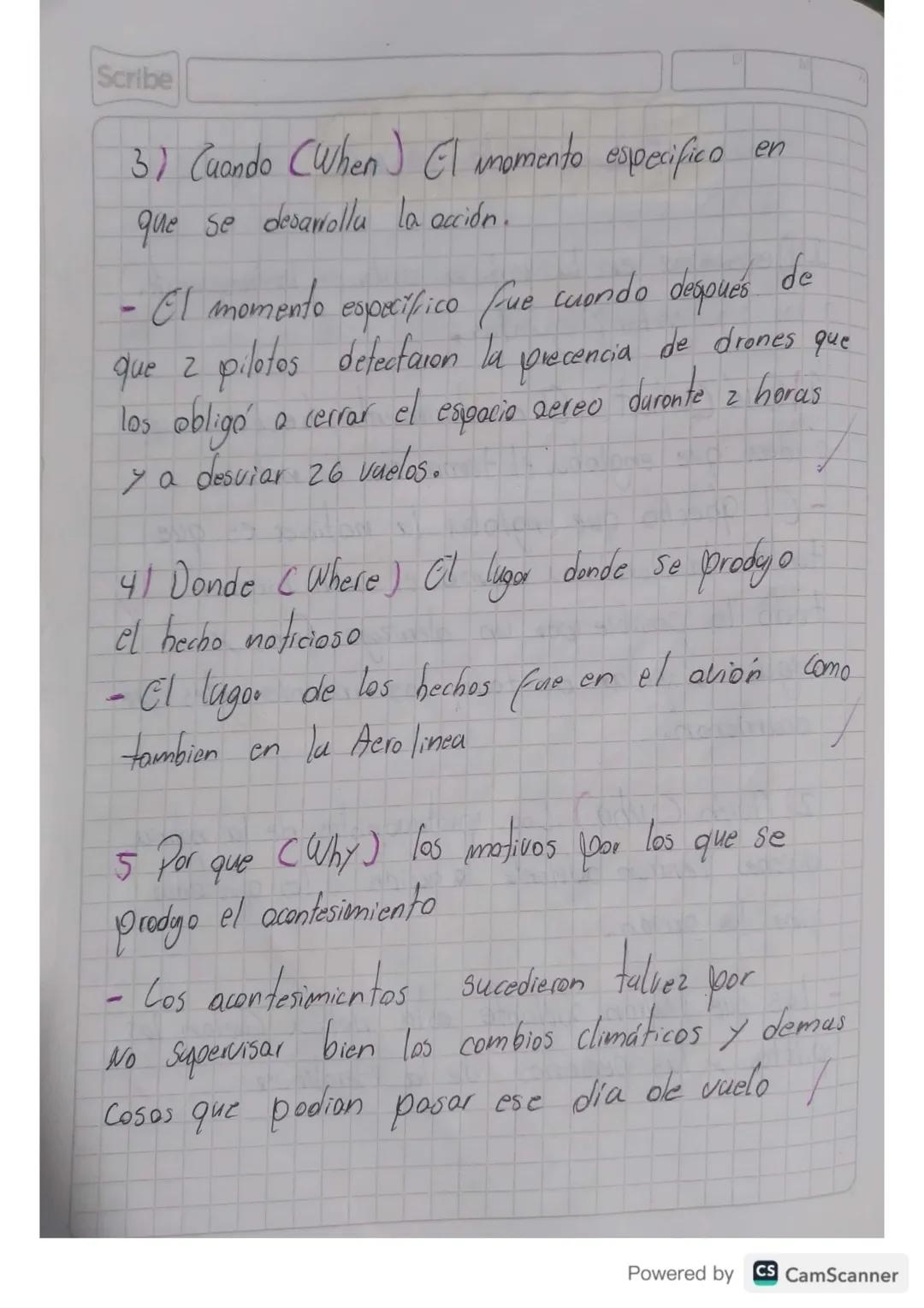 Scribe
taller de la Noticia
11)etermine en la noticia onterior la respuesta
a las siguientes Preguntas.
1) Qué (what). El acontecimiento,