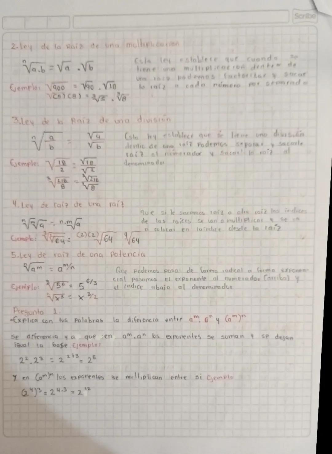 Scribe
y radicales
Video 1: Ales
leyes de los exponentes
Exponente número de peces mais
se multiplicará la base Por si mismo.
Ca
base
Ejemp