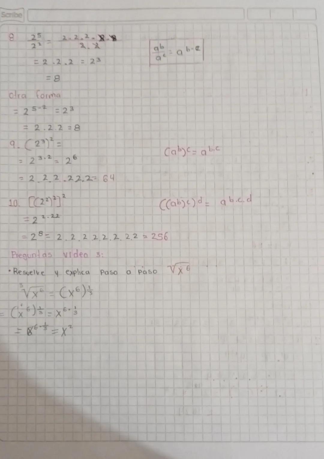Scribe
y radicales
Video 1: Ales
leyes de los exponentes
Exponente número de peces mais
se multiplicará la base Por si mismo.
Ca
base
Ejemp