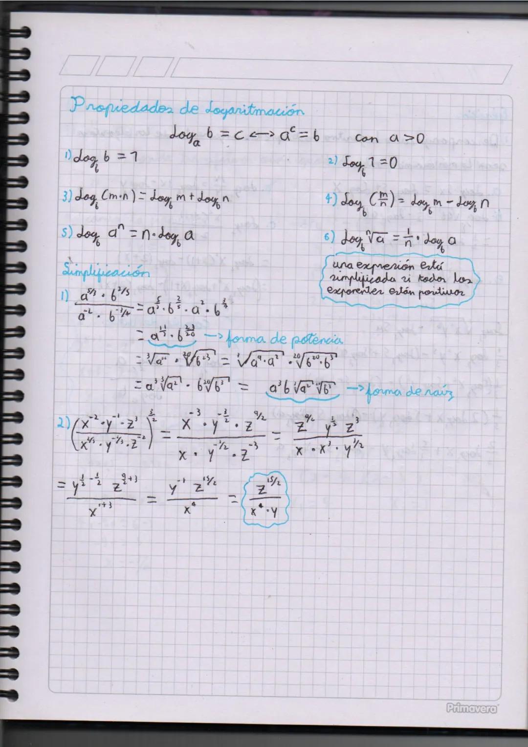 Propiedades de Logaritmación
dog b = 7
Loy 6 = c <> a² = 6
a
3) Log (mon) = Log m + Logn
(5) Log a^ = n⋅ dog, a
Simplificación
1) 9.65
-L
a'