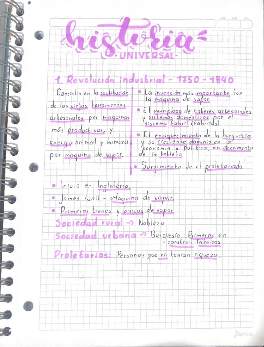 historia
UNIVERSAL-
1. Revolución industrial - 1750 - 1840
Consistió en la sustitución
de las viejas herramientas
artesanales por maquinas
m