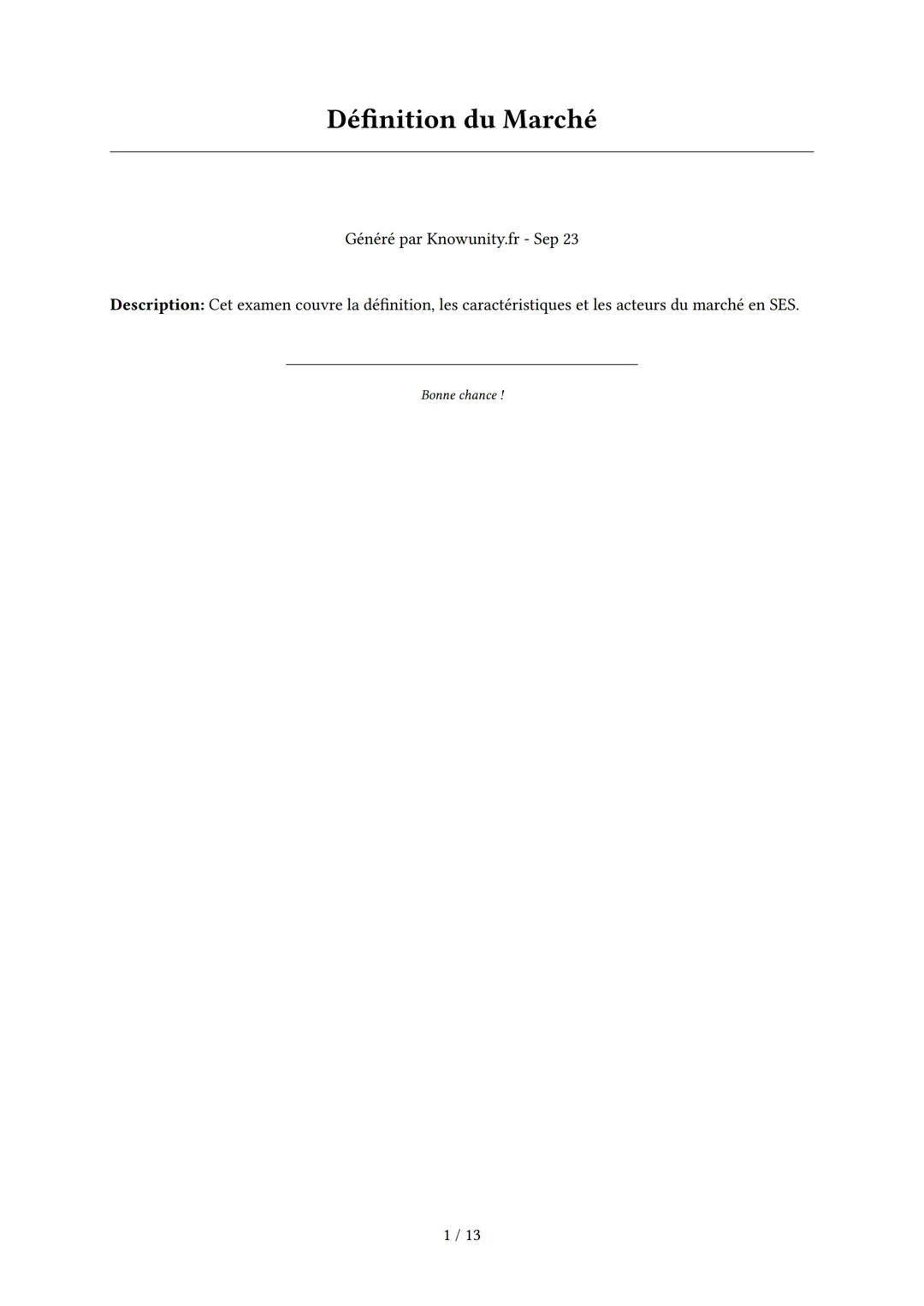 # Définition du Marché
Généré par Knowunity.fr - Sep 23
Description: Cet examen couvre la définition, les caractéristiques et les acteurs